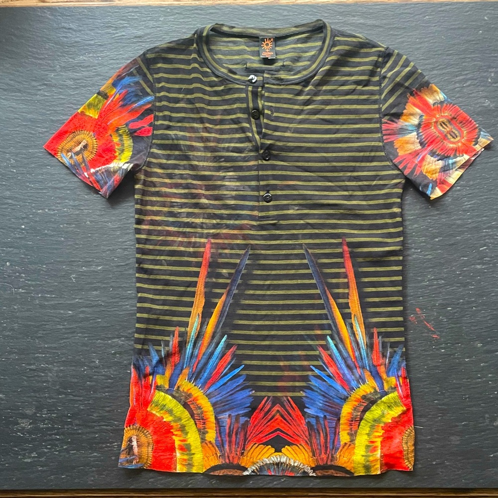 [Jean Paul GAULTIER] Mesh Strips Printed Button Down Short sleeve T-shirt Top